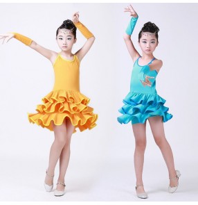 Orange turquoise sky blue sleeveless backless girls kids children performance competition gymnastics school play dance dresses costumes outfits